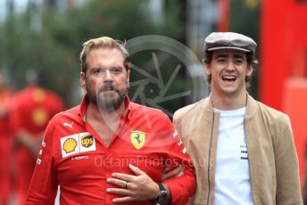 World © Octane Photographic Ltd. Formula 1 - German GP - Paddock. Esteban Gutierrez  - Simulator Driver for Mercedes and Gino Rosato – Ferrari Corporate Affairs. Hockenheimring, Hockenheim, Germany. Sunday 28th July 2019.