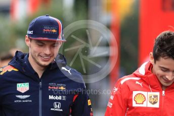 World © Octane Photographic Ltd. Formula 1 – German GP - Paddock. Aston Martin Red Bull Racing RB15 – Max Verstappen and Scuderia Ferrari SF90 – Charles Leclerc. Hockenheimring, Hockenheim, Germany. Sunday 28th July 2019.