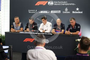 World © Octane Photographic Ltd. Formula 1 - German GP - Friday FIA Team. Guenther Steiner - Team Principal of Rich Energy Haas F1 Team, Toto Wolff - Executive Director & Head of Mercedes - Benz Motorsport, Mario Isola – Pirelli Head of Car Racing, Otmar Szafnauer - Team Principal of SportPesa Racing Point Otmar Szafnauer - Team Principal of SportPesa Racing Point, and Franz Tost – Team Principal of Scuderia Toro Rosso. Hockenheimring, Hockenheim, Germany. Friday 26th July 2019.