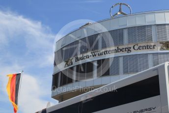 World © Octane Photographic Ltd. Formula 1 – German GP - Paddock. Baden-Wurttemberg Centre with Mercedes Start and German flag. Hockenheimring, Hockenheim, Germany. Thursday 25th July 2019.
