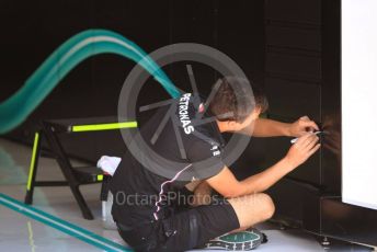 World © Octane Photographic Ltd. Formula 1 – Hungarian GP - Pitlane finishing touches. Mercedes AMG Petronas Motorsport AMG F1 W10 EQ Power+. Hungaroring, Budapest, Hungary. Thursday 1st August 2019.