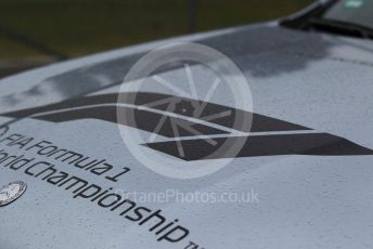 World © Octane Photographic Ltd. Formula 1 – Hungarian GP - Practice 2. Rain on the F1 logo on a trackside medical car. Hungaroring, Budapest, Hungary. Friday 2nd August 2019.