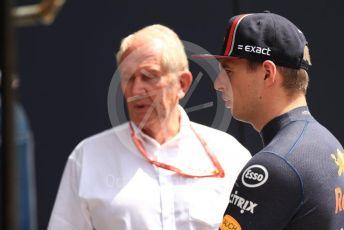 World © Octane Photographic Ltd. Formula 1 – Hungarian GP - Practice 3. Aston Martin Red Bull Racing RB15 – Max Verstappen with Helmut Marko - advisor to the Red Bull GmbH Formula One Teams and head of Red Bull's driver development program. Hungaroring, Budapest, Hungary. Saturday 3rd August 2019.