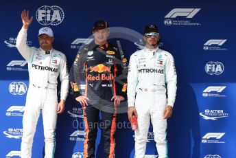World © Octane Photographic Ltd. Formula 1 – Hungarian GP - Qualifying. Aston Martin Red Bull Racing RB15 – Max Verstappen, Mercedes AMG Petronas Motorsport AMG F1 W10 EQ Power+ - Lewis Hamilton and Valtteri Bottas. Hungaroring, Budapest, Hungary. Saturday 3rd August 2019.