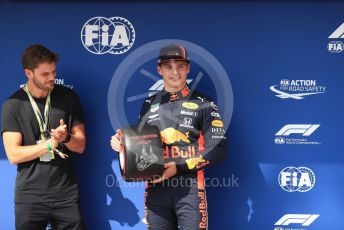 World © Octane Photographic Ltd. Formula 1 – Hungarian GP - Qualifying. Aston Martin Red Bull Racing RB15 – Max Verstappen receives the Pirelli Pole Position Award from the Pirelli Representative, actor Jeremy Irvine. Hungaroring, Budapest, Hungary. Saturday 3rd August 2019.