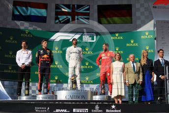 World © Octane Photographic Ltd. Formula 1 – Hungarian GP - Podium. Mercedes AMG Petronas Motorsport AMG F1 W10 EQ Power+ - Lewis Hamilton, Aston Martin Red Bull Racing RB15 – Max Verstappen and Scuderia Ferrari SF90 – Sebastian Vettel. Hungaroring, Budapest, Hungary. Sunday 4th August 2019.