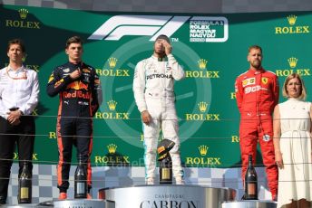 World © Octane Photographic Ltd. Formula 1 – Hungarian GP - Podium. Mercedes AMG Petronas Motorsport AMG F1 W10 EQ Power+ - Lewis Hamilton, Aston Martin Red Bull Racing RB15 – Max Verstappen and Scuderia Ferrari SF90 – Sebastian Vettel. Hungaroring, Budapest, Hungary. Sunday 4th August 2019.