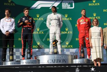 World © Octane Photographic Ltd. Formula 1 – Hungarian GP - Podium. Mercedes AMG Petronas Motorsport AMG F1 W10 EQ Power+ - Lewis Hamilton, Aston Martin Red Bull Racing RB15 – Max Verstappen and Scuderia Ferrari SF90 – Sebastian Vettel. Hungaroring, Budapest, Hungary. Sunday 4th August 2019.