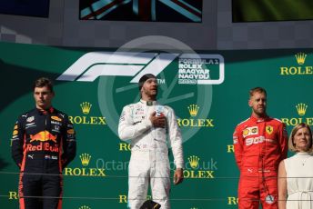 World © Octane Photographic Ltd. Formula 1 – Hungarian GP - Podium. Mercedes AMG Petronas Motorsport AMG F1 W10 EQ Power+ - Lewis Hamilton, Aston Martin Red Bull Racing RB15 – Max Verstappen and Scuderia Ferrari SF90 – Sebastian Vettel. Hungaroring, Budapest, Hungary. Sunday 4th August 2019.