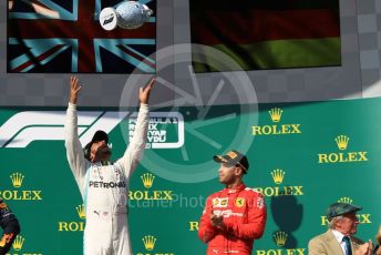 World © Octane Photographic Ltd. Formula 1 – Hungarian GP - Podium. Mercedes AMG Petronas Motorsport AMG F1 W10 EQ Power+ - Lewis Hamilton and Scuderia Ferrari SF90 – Sebastian Vettel. Hungaroring, Budapest, Hungary. Sunday 4th August 2019.