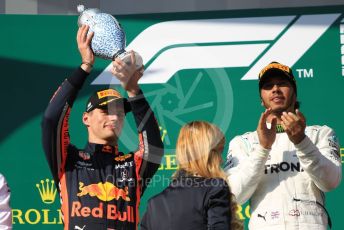 World © Octane Photographic Ltd. Formula 1 – Hungarian GP - Podium. Mercedes AMG Petronas Motorsport AMG F1 W10 EQ Power+ - Lewis Hamilton and Aston Martin Red Bull Racing RB15 – Max Verstappen. Hungaroring, Budapest, Hungary. Sunday 4th August 2019.