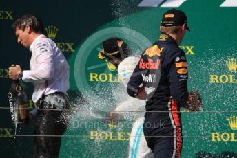 World © Octane Photographic Ltd. Formula 1 – Hungarian GP - Podium. Mercedes AMG Petronas Motorsport AMG F1 W10 EQ Power+ - Lewis Hamilton and Aston Martin Red Bull Racing RB15 – Max Verstappen. Hungaroring, Budapest, Hungary. Sunday 4th August 2019.