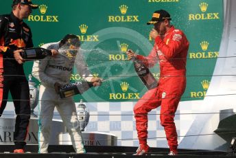 World © Octane Photographic Ltd. Formula 1 – Hungarian GP - Podium. Mercedes AMG Petronas Motorsport AMG F1 W10 EQ Power+ - Lewis Hamilton, Aston Martin Red Bull Racing RB15 – Max Verstappen and Scuderia Ferrari SF90 – Sebastian Vettel. Hungaroring, Budapest, Hungary. Sunday 4th August 2019.
