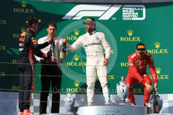 World © Octane Photographic Ltd. Formula 1 – Hungarian GP - Podium. Mercedes AMG Petronas Motorsport AMG F1 W10 EQ Power+ - Lewis Hamilton, Aston Martin Red Bull Racing RB15 – Max Verstappen and Scuderia Ferrari SF90 – Sebastian Vettel. Hungaroring, Budapest, Hungary. Sunday 4th August 2019.