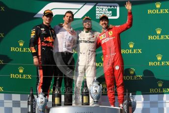 World © Octane Photographic Ltd. Formula 1 – Hungarian GP - Podium. Mercedes AMG Petronas Motorsport AMG F1 W10 EQ Power+ - Lewis Hamilton, Aston Martin Red Bull Racing RB15 – Max Verstappen and Scuderia Ferrari SF90 – Sebastian Vettel. Hungaroring, Budapest, Hungary. Sunday 4th August 2019.