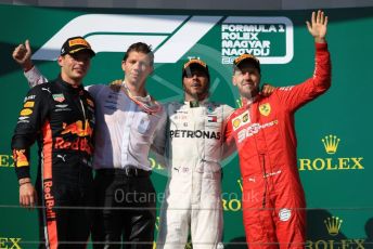 World © Octane Photographic Ltd. Formula 1 – Hungarian GP - Podium. Mercedes AMG Petronas Motorsport AMG F1 W10 EQ Power+ - Lewis Hamilton, Aston Martin Red Bull Racing RB15 – Max Verstappen and Scuderia Ferrari SF90 – Sebastian Vettel. Hungaroring, Budapest, Hungary. Sunday 4th August 2019.