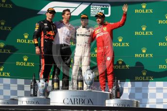 World © Octane Photographic Ltd. Formula 1 – Hungarian GP - Podium. Mercedes AMG Petronas Motorsport AMG F1 W10 EQ Power+ - Lewis Hamilton, Aston Martin Red Bull Racing RB15 – Max Verstappen and Scuderia Ferrari SF90 – Sebastian Vettel. Hungaroring, Budapest, Hungary. Sunday 4th August 2019.