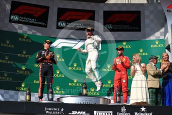 World © Octane Photographic Ltd. Formula 1 – Hungarian GP - Podium. Mercedes AMG Petronas Motorsport AMG F1 W10 EQ Power+ - Lewis Hamilton, Aston Martin Red Bull Racing RB15 – Max Verstappen and Scuderia Ferrari SF90 – Sebastian Vettel. Hungaroring, Budapest, Hungary. Sunday 4th August 2019.
