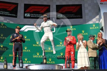 World © Octane Photographic Ltd. Formula 1 – Hungarian GP - Podium. Mercedes AMG Petronas Motorsport AMG F1 W10 EQ Power+ - Lewis Hamilton, Aston Martin Red Bull Racing RB15 – Max Verstappen and Scuderia Ferrari SF90 – Sebastian Vettel. Hungaroring, Budapest, Hungary. Sunday 4th August 2019.