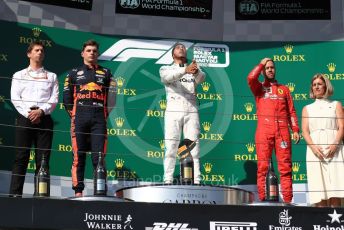 World © Octane Photographic Ltd. Formula 1 – Hungarian GP - Podium. Mercedes AMG Petronas Motorsport AMG F1 W10 EQ Power+ - Lewis Hamilton, Aston Martin Red Bull Racing RB15 – Max Verstappen and Scuderia Ferrari SF90 – Sebastian Vettel. Hungaroring, Budapest, Hungary. Sunday 4th August 2019.