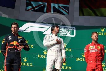 World © Octane Photographic Ltd. Formula 1 – Hungarian GP - Podium. Mercedes AMG Petronas Motorsport AMG F1 W10 EQ Power+ - Lewis Hamilton, Aston Martin Red Bull Racing RB15 – Max Verstappen and Scuderia Ferrari SF90 – Sebastian Vettel. Hungaroring, Budapest, Hungary. Sunday 4th August 2019.