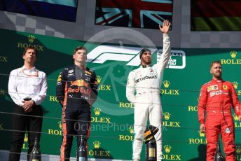 World © Octane Photographic Ltd. Formula 1 – Hungarian GP - Podium. Mercedes AMG Petronas Motorsport AMG F1 W10 EQ Power+ - Lewis Hamilton, Aston Martin Red Bull Racing RB15 – Max Verstappen and Scuderia Ferrari SF90 – Sebastian Vettel. Hungaroring, Budapest, Hungary. Sunday 4th August 2019.