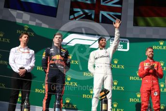 World © Octane Photographic Ltd. Formula 1 – Hungarian GP - Podium. Mercedes AMG Petronas Motorsport AMG F1 W10 EQ Power+ - Lewis Hamilton, Aston Martin Red Bull Racing RB15 – Max Verstappen and Scuderia Ferrari SF90 – Sebastian Vettel. Hungaroring, Budapest, Hungary. Sunday 4th August 2019.