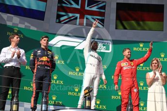 World © Octane Photographic Ltd. Formula 1 – Hungarian GP - Podium. Mercedes AMG Petronas Motorsport AMG F1 W10 EQ Power+ - Lewis Hamilton, Aston Martin Red Bull Racing RB15 – Max Verstappen and Scuderia Ferrari SF90 – Sebastian Vettel. Hungaroring, Budapest, Hungary. Sunday 4th August 2019.