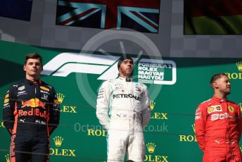 World © Octane Photographic Ltd. Formula 1 – Hungarian GP - Podium. Mercedes AMG Petronas Motorsport AMG F1 W10 EQ Power+ - Lewis Hamilton, Aston Martin Red Bull Racing RB15 – Max Verstappen and Scuderia Ferrari SF90 – Sebastian Vettel. Hungaroring, Budapest, Hungary. Sunday 4th August 2019.