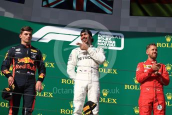 World © Octane Photographic Ltd. Formula 1 – Hungarian GP - Podium. Mercedes AMG Petronas Motorsport AMG F1 W10 EQ Power+ - Lewis Hamilton, Aston Martin Red Bull Racing RB15 – Max Verstappen and Scuderia Ferrari SF90 – Sebastian Vettel. Hungaroring, Budapest, Hungary. Sunday 4th August 2019.