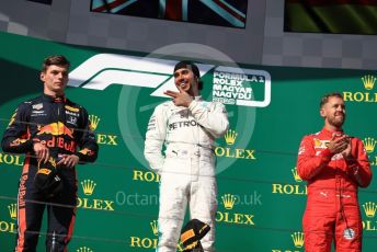 World © Octane Photographic Ltd. Formula 1 – Hungarian GP - Podium. Mercedes AMG Petronas Motorsport AMG F1 W10 EQ Power+ - Lewis Hamilton, Aston Martin Red Bull Racing RB15 – Max Verstappen and Scuderia Ferrari SF90 – Sebastian Vettel. Hungaroring, Budapest, Hungary. Sunday 4th August 2019.