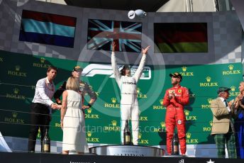World © Octane Photographic Ltd. Formula 1 – Hungarian GP - Podium. Mercedes AMG Petronas Motorsport AMG F1 W10 EQ Power+ - Lewis Hamilton, Aston Martin Red Bull Racing RB15 – Max Verstappen and Scuderia Ferrari SF90 – Sebastian Vettel. Hungaroring, Budapest, Hungary. Sunday 4th August 2019.