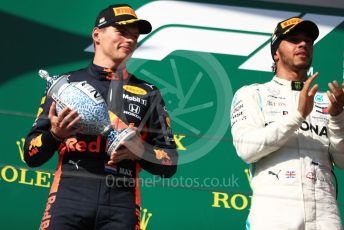 World © Octane Photographic Ltd. Formula 1 – Hungarian GP - Podium. Mercedes AMG Petronas Motorsport AMG F1 W10 EQ Power+ - Lewis Hamilton and Aston Martin Red Bull Racing RB15 – Max Verstappen. Hungaroring, Budapest, Hungary. Sunday 4th August 2019.