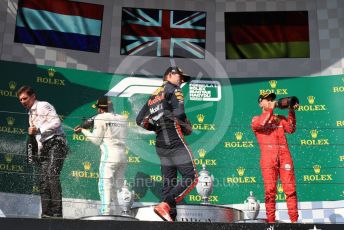 World © Octane Photographic Ltd. Formula 1 – Hungarian GP - Podium. Mercedes AMG Petronas Motorsport AMG F1 W10 EQ Power+ - Lewis Hamilton, Aston Martin Red Bull Racing RB15 – Max Verstappen and Scuderia Ferrari SF90 – Sebastian Vettel. Hungaroring, Budapest, Hungary. Sunday 4th August 2019.