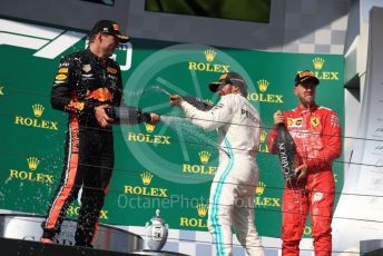 World © Octane Photographic Ltd. Formula 1 – Hungarian GP - Podium. Mercedes AMG Petronas Motorsport AMG F1 W10 EQ Power+ - Lewis Hamilton, Aston Martin Red Bull Racing RB15 – Max Verstappen and Scuderia Ferrari SF90 – Sebastian Vettel. Hungaroring, Budapest, Hungary. Sunday 4th August 2019.