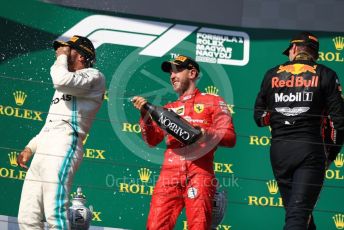 World © Octane Photographic Ltd. Formula 1 – Hungarian GP - Podium. Mercedes AMG Petronas Motorsport AMG F1 W10 EQ Power+ - Lewis Hamilton, Aston Martin Red Bull Racing RB15 – Max Verstappen and Scuderia Ferrari SF90 – Sebastian Vettel. Hungaroring, Budapest, Hungary. Sunday 4th August 2019.