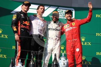 World © Octane Photographic Ltd. Formula 1 – Hungarian GP - Podium. Mercedes AMG Petronas Motorsport AMG F1 W10 EQ Power+ - Lewis Hamilton, Aston Martin Red Bull Racing RB15 – Max Verstappen and Scuderia Ferrari SF90 – Sebastian Vettel. Hungaroring, Budapest, Hungary. Sunday 4th August 2019.