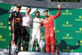 World © Octane Photographic Ltd. Formula 1 – Hungarian GP - Podium. Mercedes AMG Petronas Motorsport AMG F1 W10 EQ Power+ - Lewis Hamilton, Aston Martin Red Bull Racing RB15 – Max Verstappen and Scuderia Ferrari SF90 – Sebastian Vettel. Hungaroring, Budapest, Hungary. Sunday 4th August 2019.