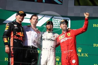 World © Octane Photographic Ltd. Formula 1 – Hungarian GP - Podium. Mercedes AMG Petronas Motorsport AMG F1 W10 EQ Power+ - Lewis Hamilton, Aston Martin Red Bull Racing RB15 – Max Verstappen and Scuderia Ferrari SF90 – Sebastian Vettel. Hungaroring, Budapest, Hungary. Sunday 4th August 2019.