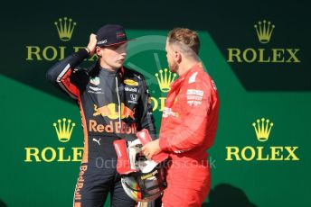 World © Octane Photographic Ltd. Formula 1 – Hungarian GP - Parc Ferme. Scuderia Ferrari SF90 – Sebastian Vettel and Aston Martin Red Bull Racing RB15 – Max Verstappen. Hungaroring, Budapest, Hungary. Sunday 4th August 2019.