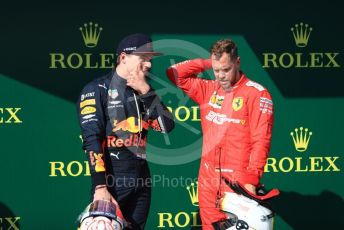 World © Octane Photographic Ltd. Formula 1 – Hungarian GP - Parc Ferme. Scuderia Ferrari SF90 – Sebastian Vettel and Aston Martin Red Bull Racing RB15 – Max Verstappen. Hungaroring, Budapest, Hungary. Sunday 4th August 2019.