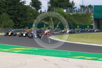 World © Octane Photographic Ltd. FIA Formula 2 (F2) – Hungarian GP - Race 1. DAMS - Nicholas Latifi, ART Grand Prix - Nyck de Vries and Virtuosi Racing - Luca Ghiotto lead the field early in the race. Hungaroring, Budapest, Hungary. Saturday 3rd August 2019.