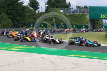 World © Octane Photographic Ltd. FIA Formula 2 (F2) – Hungarian GP - Race 1. DAMS - Nicholas Latifi, ART Grand Prix - Nyck de Vries and Virtuosi Racing - Luca Ghiotto lead the field early in the race. Hungaroring, Budapest, Hungary. Saturday 3rd August 2019.