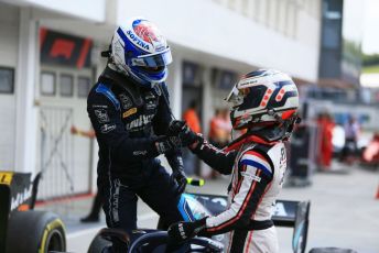 World © Octane Photographic Ltd. FIA Formula 2 (F2) – Hungarian GP - Race 1. DAMS - Nicholas Latifi and ART Grand Prix - Nyck de Vries. Hungaroring, Budapest, Hungary. Saturday 3rd August 2019.