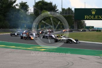 World © Octane Photographic Ltd. FIA Formula 3 (F3) – Hungarian GP – Race 1. ART Grand Prix - Max Fewtrell, Trident - Niko Kari and Hitech Grand Prix - Juri Vips. Hungaroring, Budapest, Hungary. Saturday 3rd August 2019.