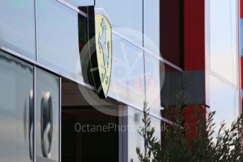 World © Octane Photographic Ltd. Formula 1 - Hungarian GP - Paddock. Scuderia Ferrari logo with Mercedes - Benz Motorsport reflected. Hungaroring, Budapest, Hungary. Sunday 4th August 2019.