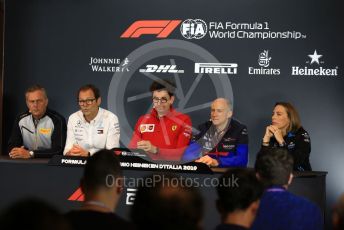 World © Octane Photographic Ltd. Formula 1 - Italian GP - Friday FIA Team Press Conference. Mario Isola – Pirelli Head of Car Racing, Aldo Costa - Engineering Director of Mercedes - AMG Petronas Motorsport, Mattia Binotto – Team Principal of Scuderia Ferrari, Franz Tost – Team Principal of Scuderia Toro Rosso and Claire Williams - Deputy Team Principal of ROKiT Williams Racing. Autodromo Nazionale Monza, Monza, Italy. Friday 6th September 2019.