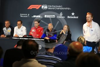 World © Octane Photographic Ltd. Formula 1 - Italian GP - Friday FIA Team Press Conference. Mario Isola – Pirelli Head of Car Racing, Aldo Costa - Engineering Director of Mercedes - AMG Petronas Motorsport, Mattia Binotto – Team Principal of Scuderia Ferrari, Franz Tost – Team Principal of Scuderia Toro Rosso and Claire Williams - Deputy Team Principal of ROKiT Williams Racing. Autodromo Nazionale Monza, Monza, Italy. Friday 6th September 2019.