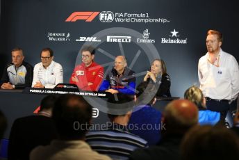 World © Octane Photographic Ltd. Formula 1 - Italian GP - Friday FIA Team Press Conference. Mario Isola – Pirelli Head of Car Racing, Aldo Costa - Engineering Director of Mercedes - AMG Petronas Motorsport,  Mattia Binotto – Team Principal of Scuderia Ferrari,  Franz Tost – Team Principal of Scuderia Toro Rosso and Claire Williams - Deputy Team Principal of ROKiT Williams Racing. Autodromo Nazionale Monza, Monza, Italy. Friday 6th September 2019.