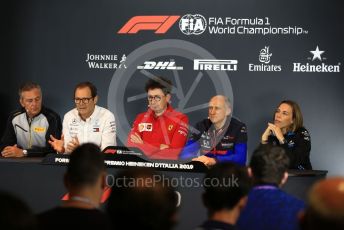 World © Octane Photographic Ltd. Formula 1 - Italian GP - Friday FIA Team Press Conference. Mario Isola – Pirelli Head of Car Racing, Aldo Costa - Engineering Director of Mercedes - AMG Petronas Motorsport,  Mattia Binotto – Team Principal of Scuderia Ferrari,  Franz Tost – Team Principal of Scuderia Toro Rosso and Claire Williams - Deputy Team Principal of ROKiT Williams Racing. Autodromo Nazionale Monza, Monza, Italy. Friday 6th September 2019.